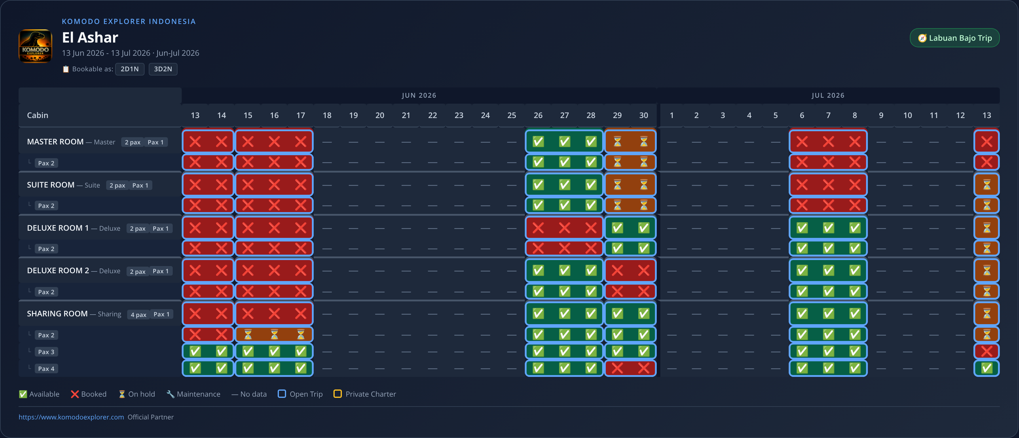 El Ashar availability schedule (2026-06-13 → 2026-07-13)