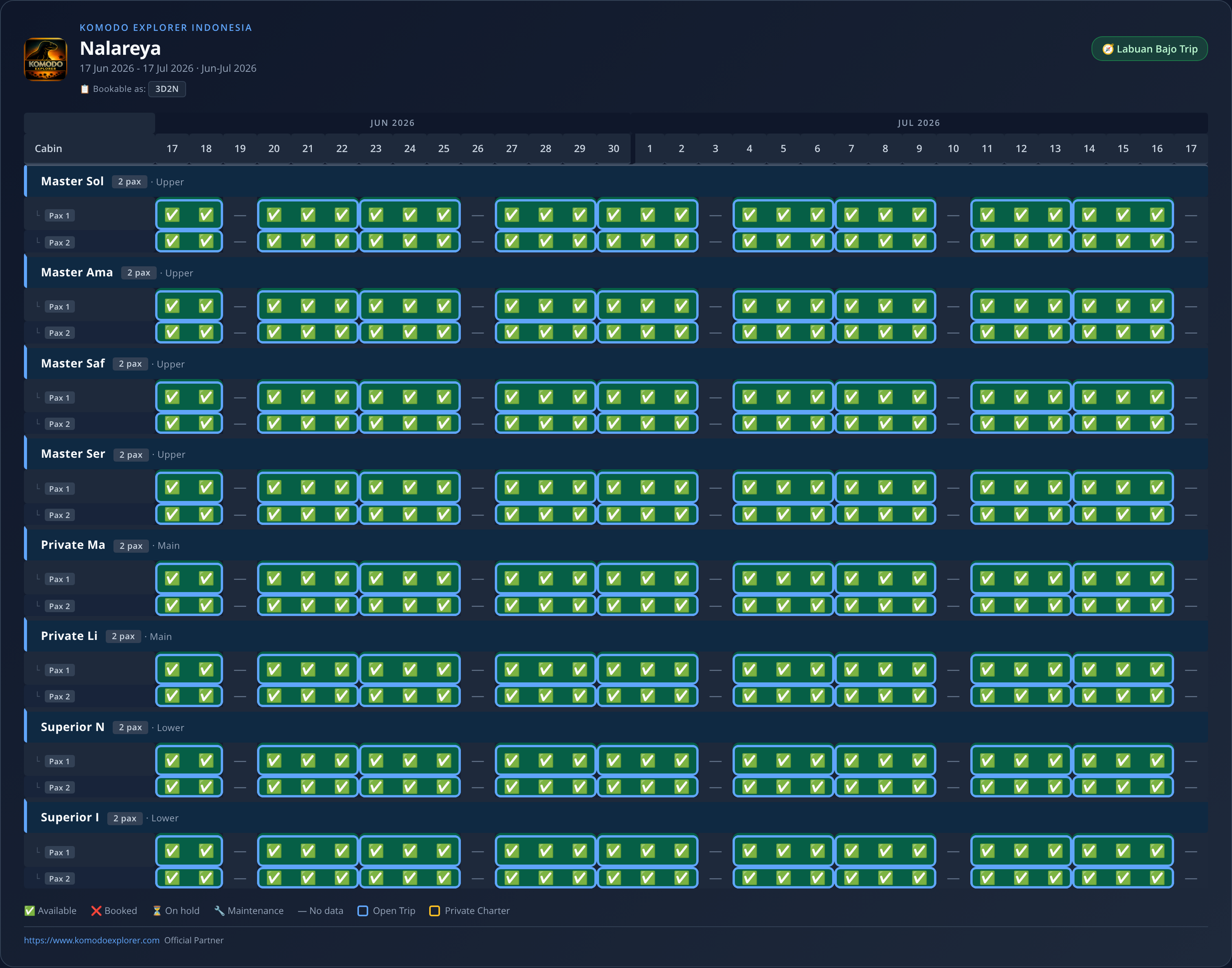 Nalareya availability schedule (2026-06-17 → 2026-07-17)