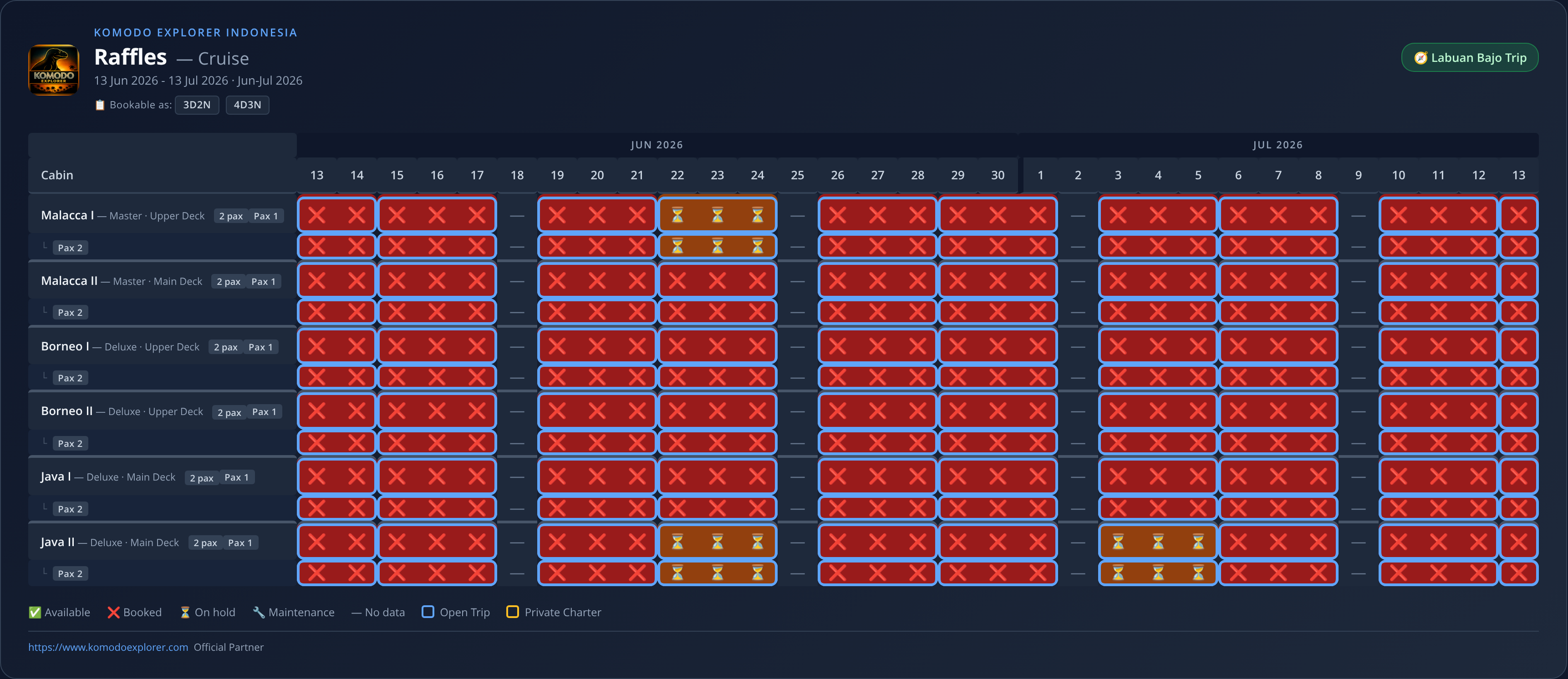 Raffles Cruise availability schedule (2026-06-13 → 2026-07-13)