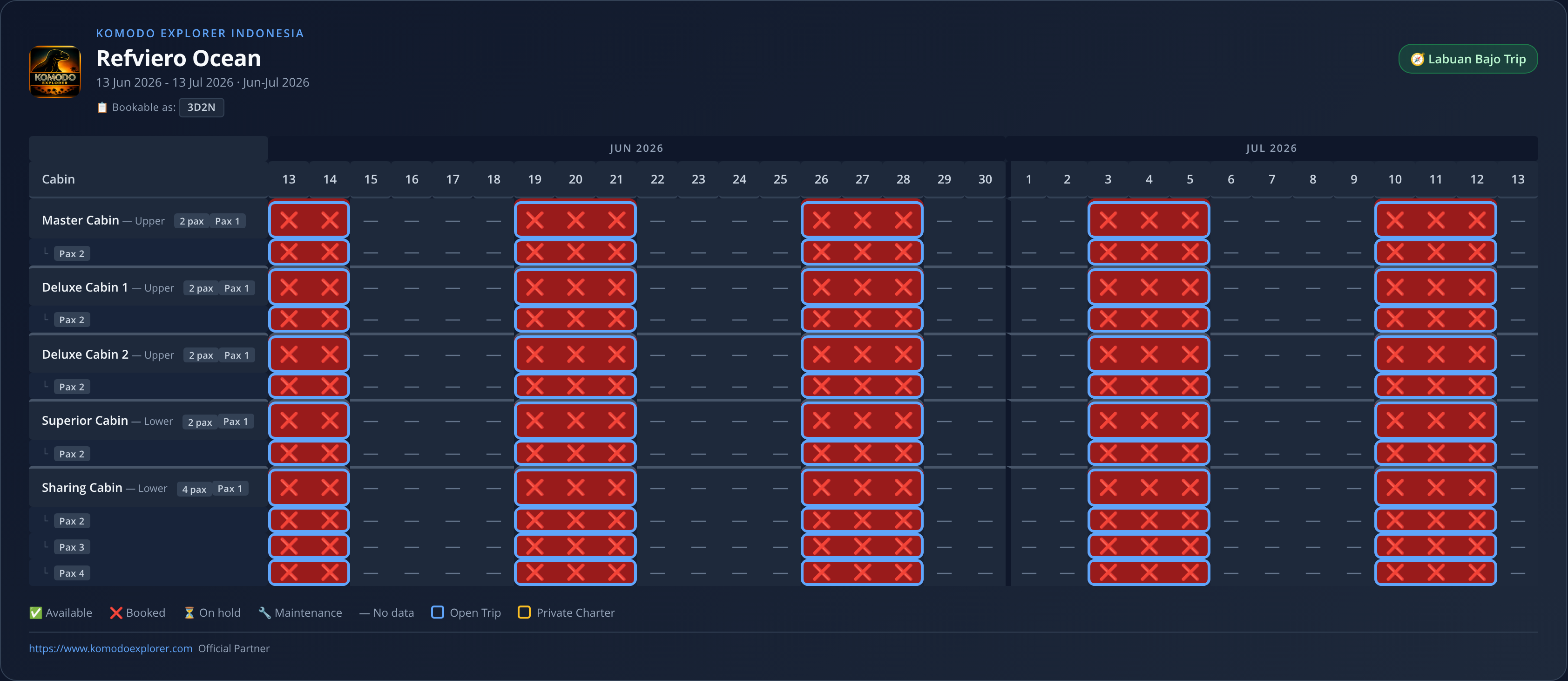 Refviero Ocean availability schedule (2026-06-13 → 2026-07-13)