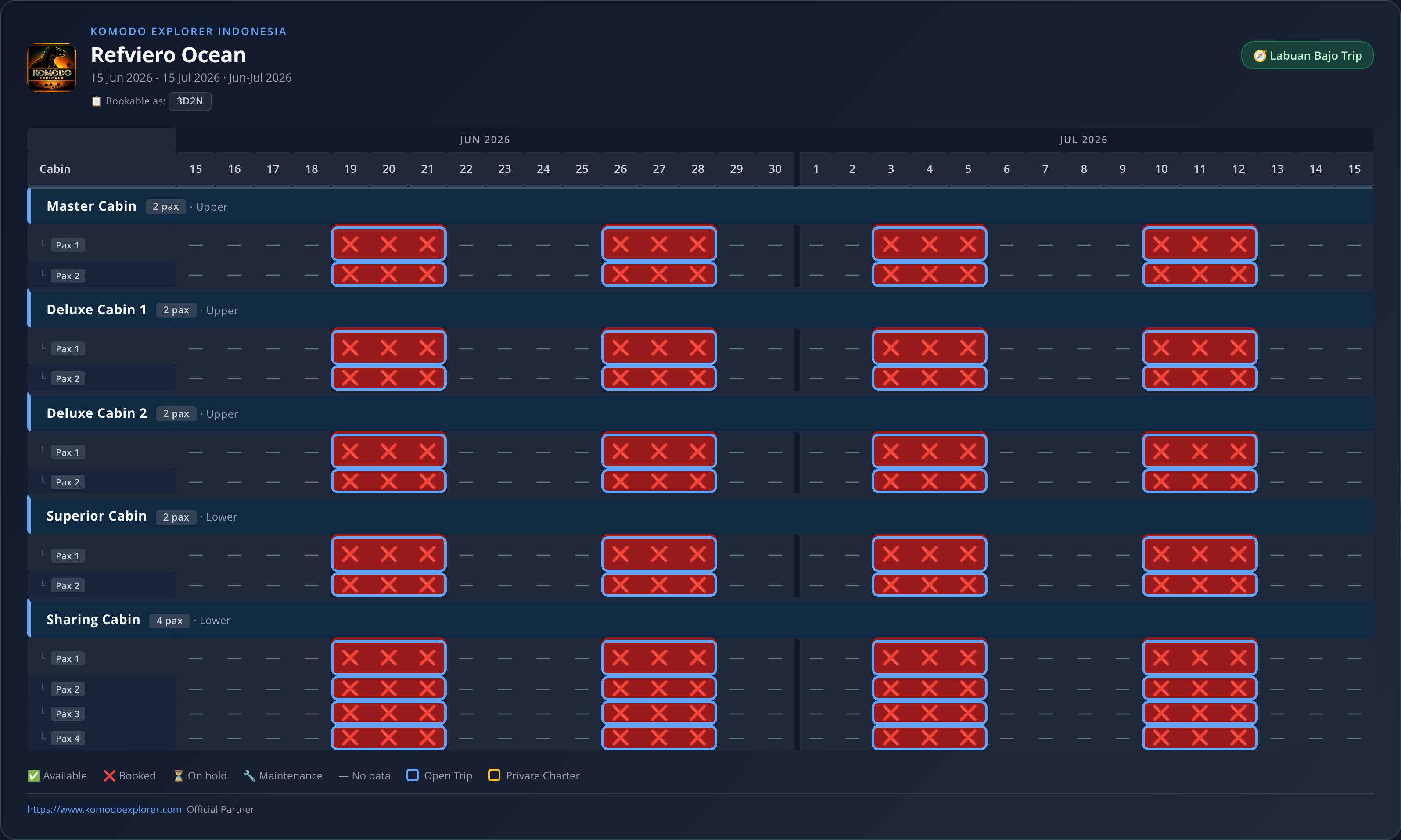 Refviero Ocean availability schedule (2026-06-15 → 2026-07-15)