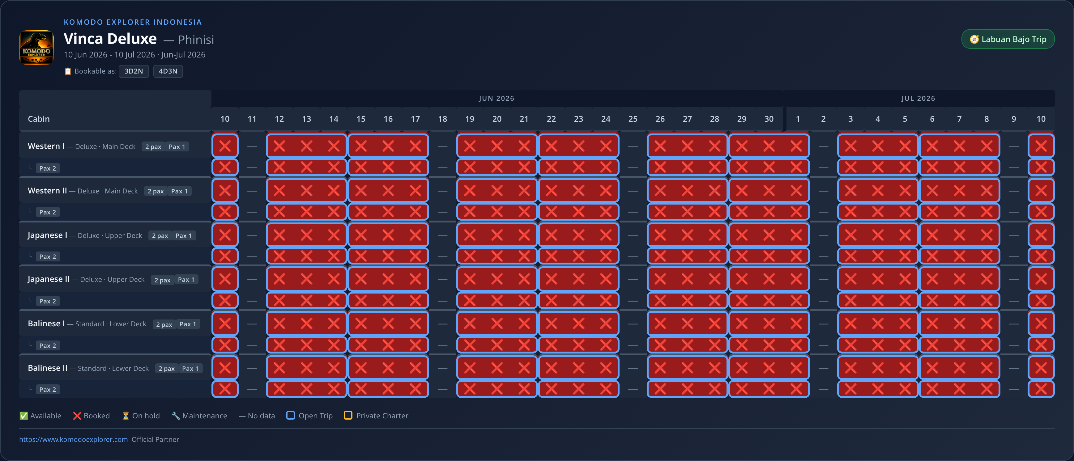 Vinca Deluxe Phinisi availability schedule (2026-06-10 → 2026-07-10)