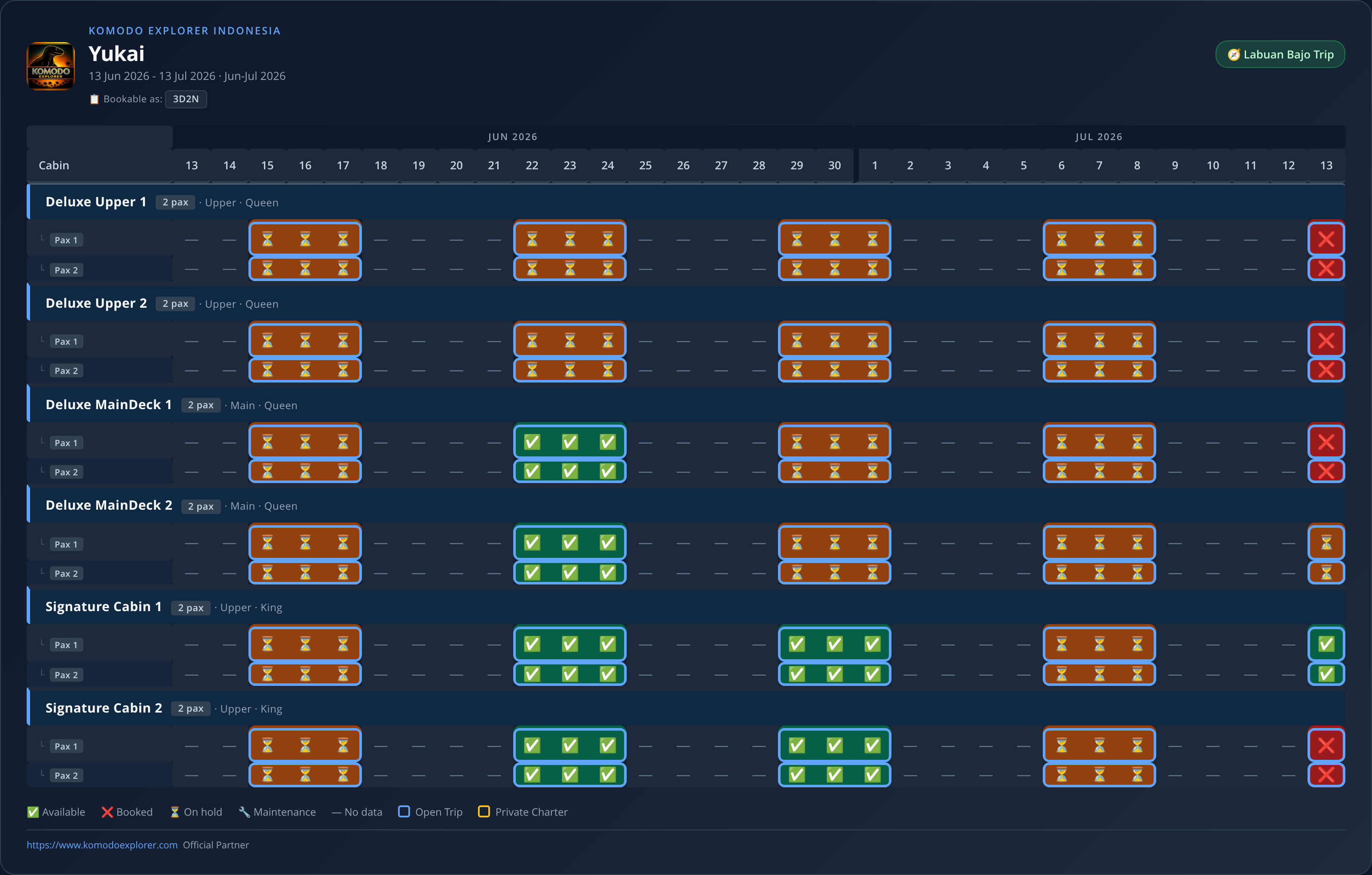 Yukai availability schedule (2026-06-13 → 2026-07-13)